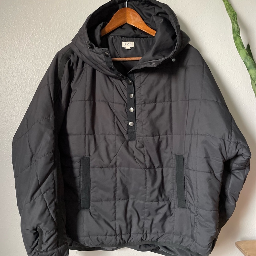 POL Oversized Hooded Quilted Puffer Pullover Small Black - Picture 2 of 7